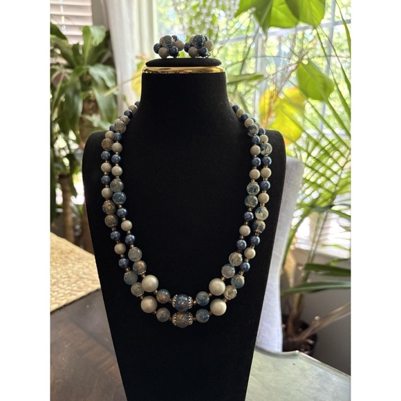 Jewelry - Beautiful blues vintage two strand beaded necklace with clip on earrings